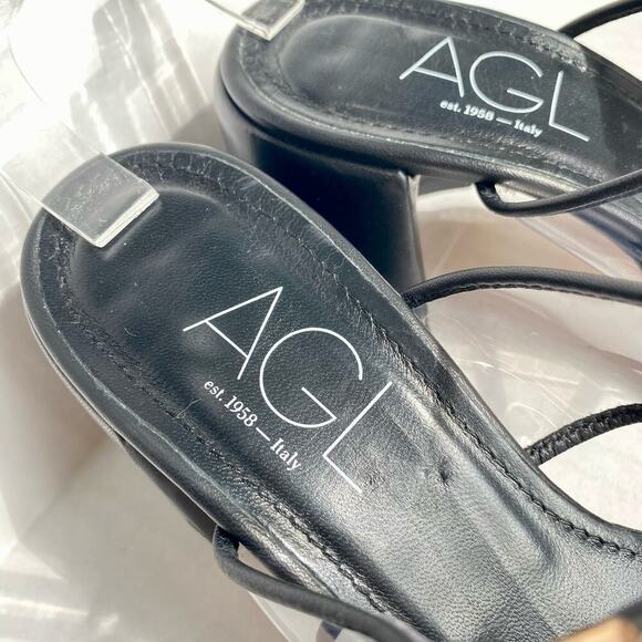AGL Heels Mila Sandals Clear Strap Leather Black Silver Metallic Block Heel 7 37 - Picture 4 of 10